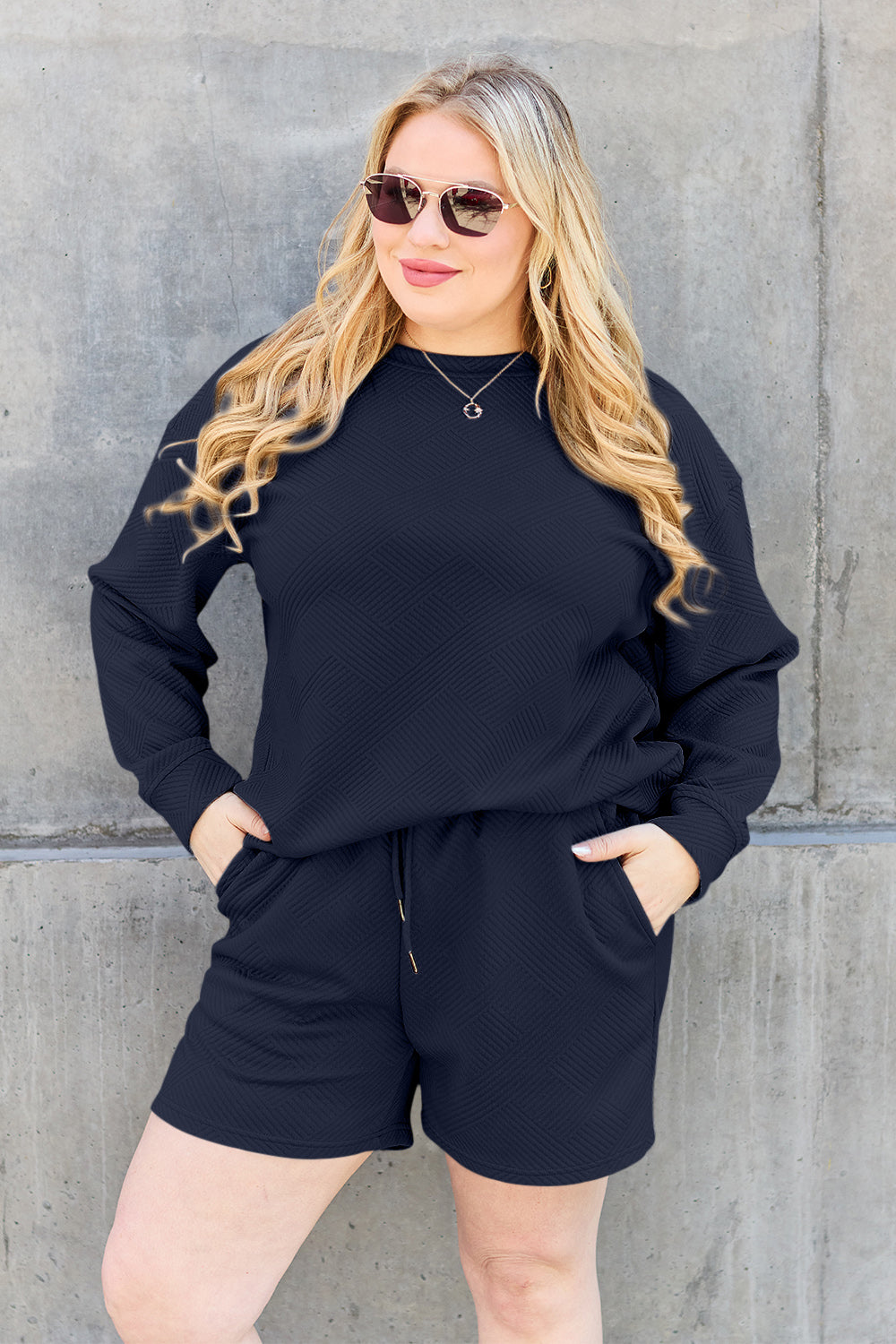 Double Take Full Size Texture Long Sleeve Top and Drawstring Shorts Set Trandify Deal