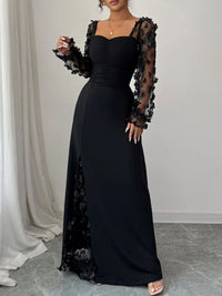 Elegant Sweetheart Neck Sheer Sleeve Maxi Dress for Women – Flowy Long Formal Gown