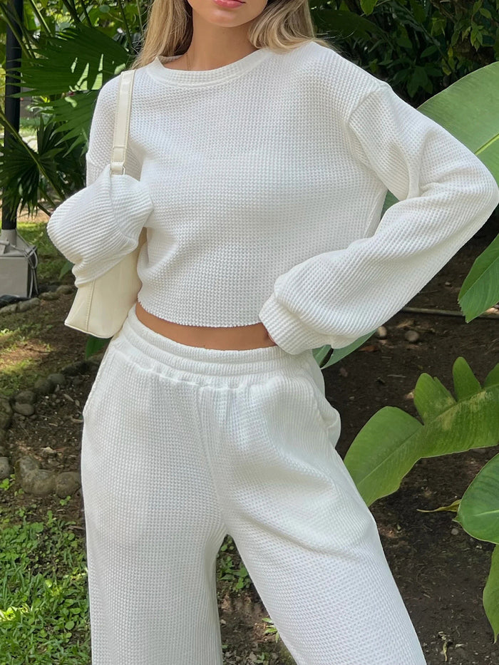 Waffle-Knit Round Neck Top and Pants Set Trandify deal