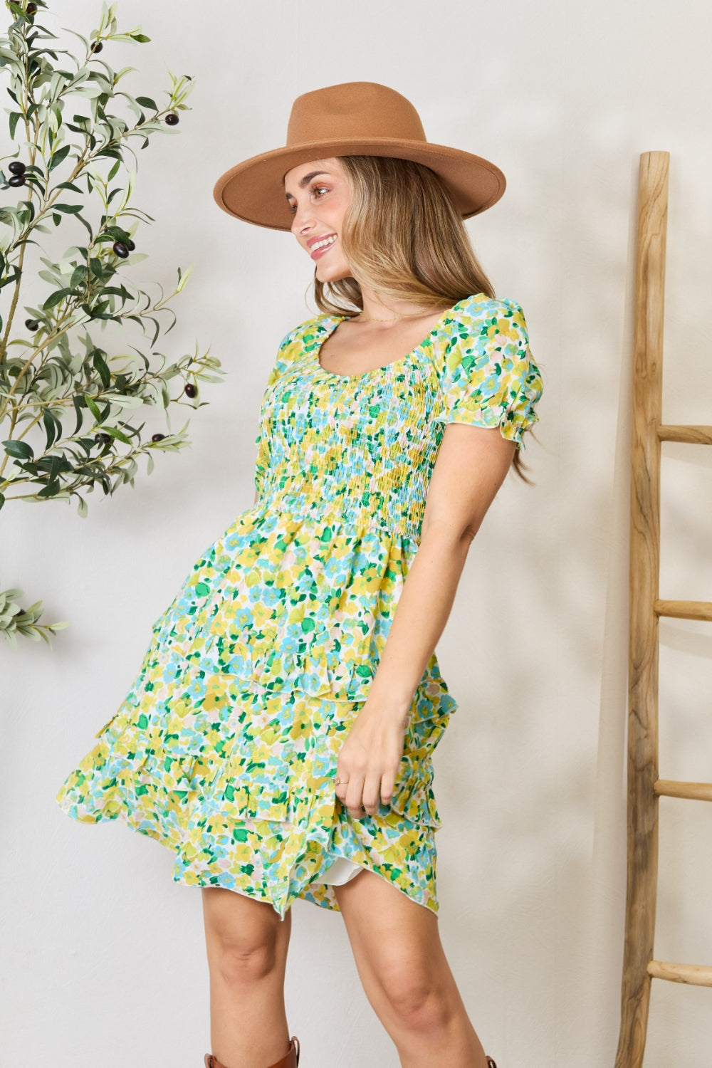 Smocked Scoop Neck Flounce Sleeve Mini Dress Trandify Deal