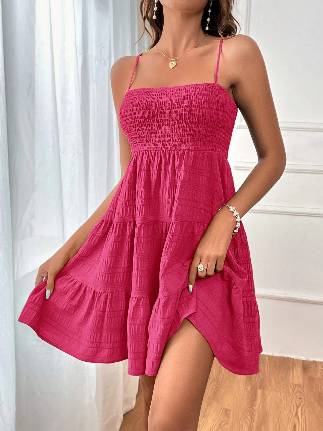 Smocked Tiered Sleeveless Mini Dress Trandify deal