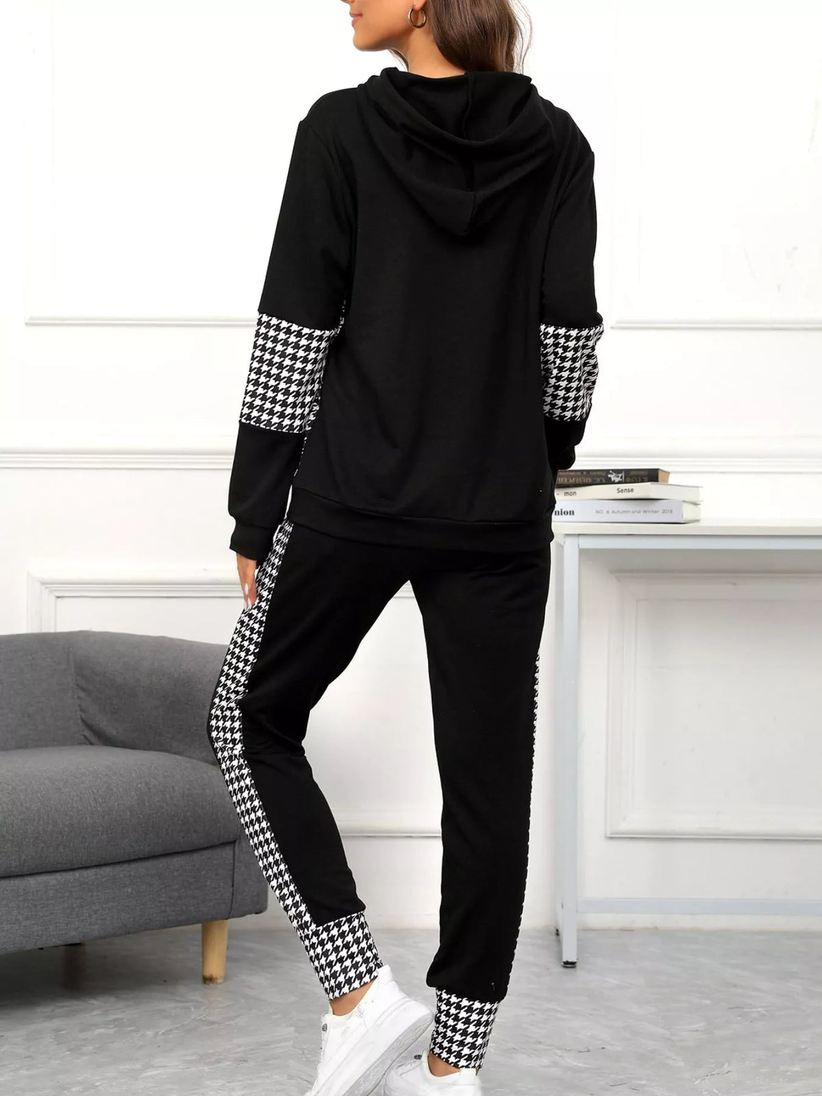 Houndstooth Hoodie & Jogger Set - Women's Outfit