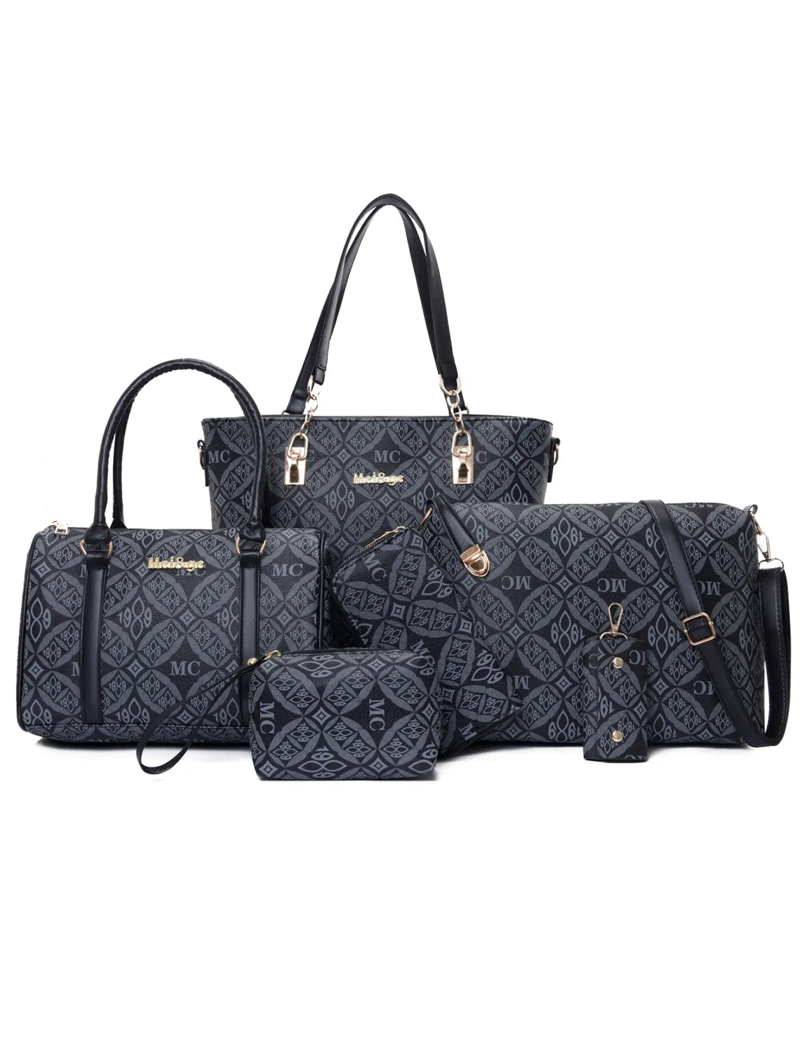 Women’s 6-Piece Geometric Pattern Bag Set – Crossbody, Tote & Clutch Combo