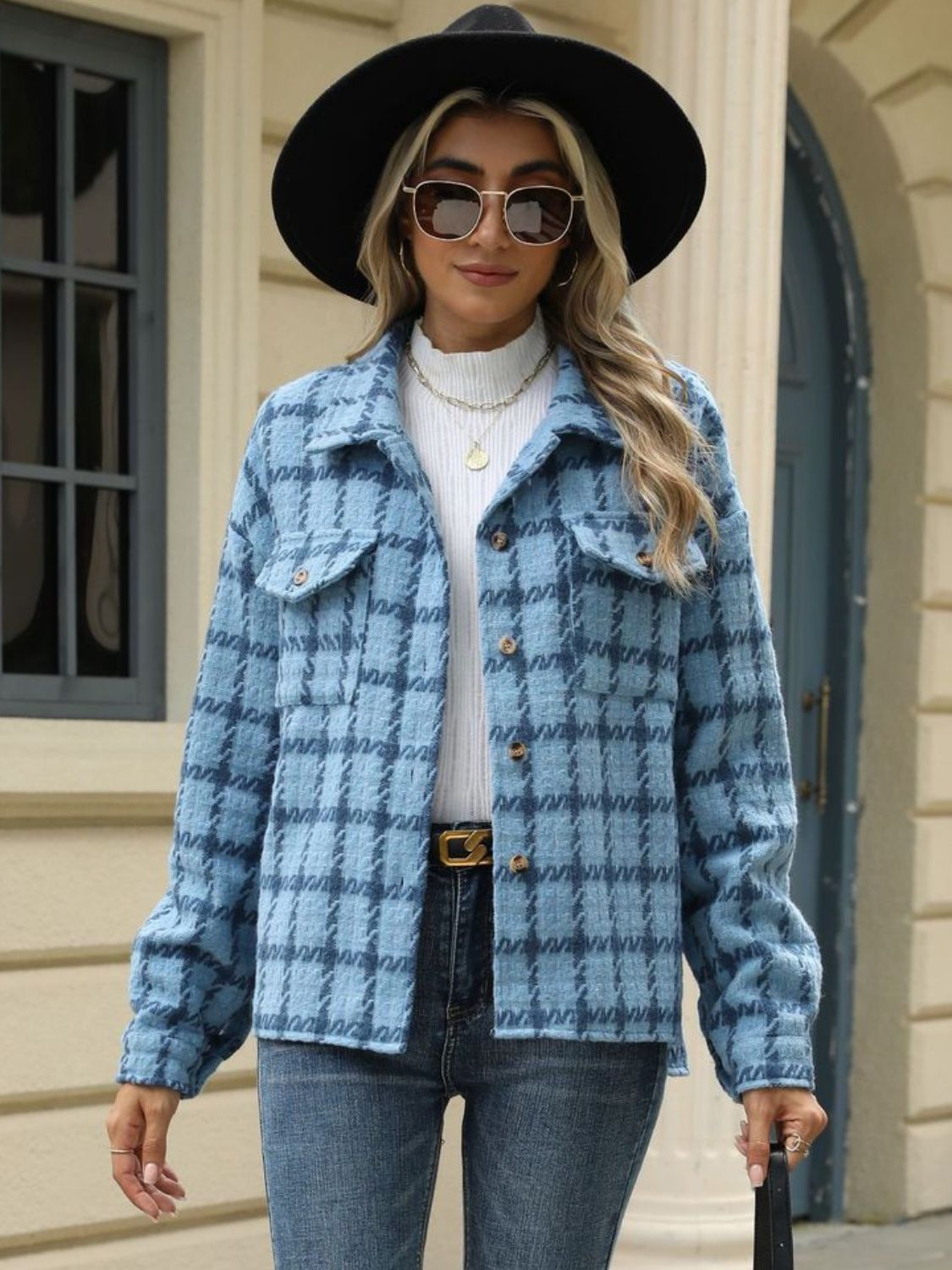 Plaid Collared Neck Long Sleeve Jacket Trandify Deal