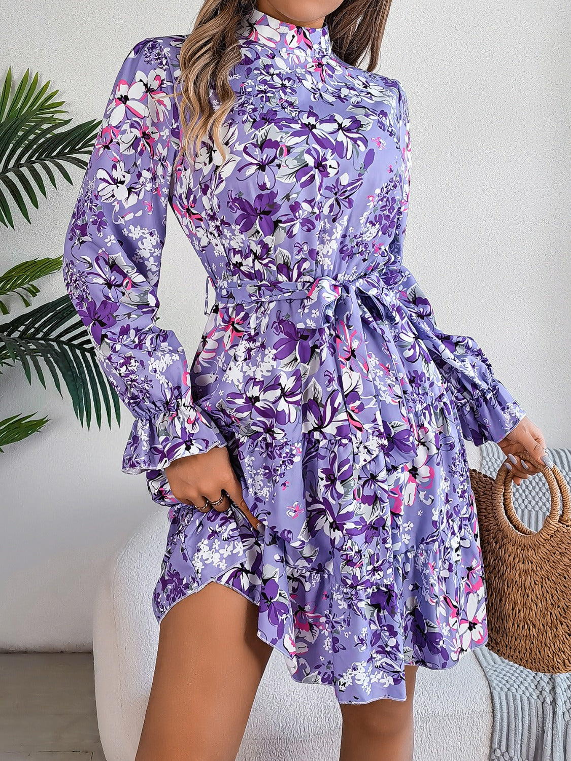 Printed Mock Neck Flounce Sleeve Mini Dress Trandify deal
