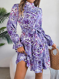 Printed Mock Neck Flounce Sleeve Mini Dress Trandify deal
