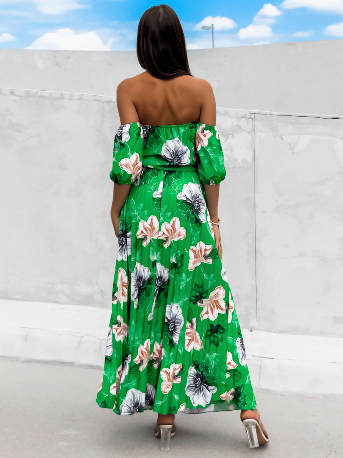 Pleated Floral Off-Shoulder Short Sleeve Midi Dress Trandify deal