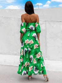 Pleated Floral Off-Shoulder Short Sleeve Midi Dress Trandify deal