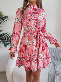 Printed Mock Neck Flounce Sleeve Mini Dress Trandify deal