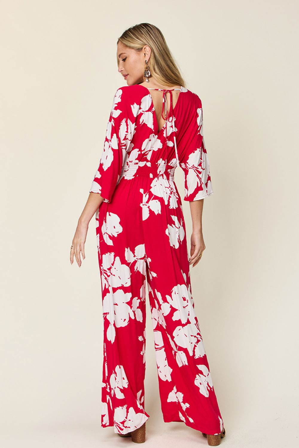 Double Take Full Size Printed Tie Back Wide Leg Jumpsuit Trandify deal
