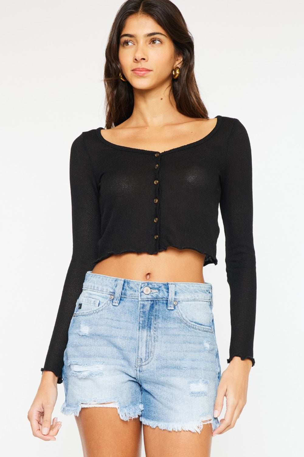 Kancan High Waist Frayed Denim Shorts Trandify deal