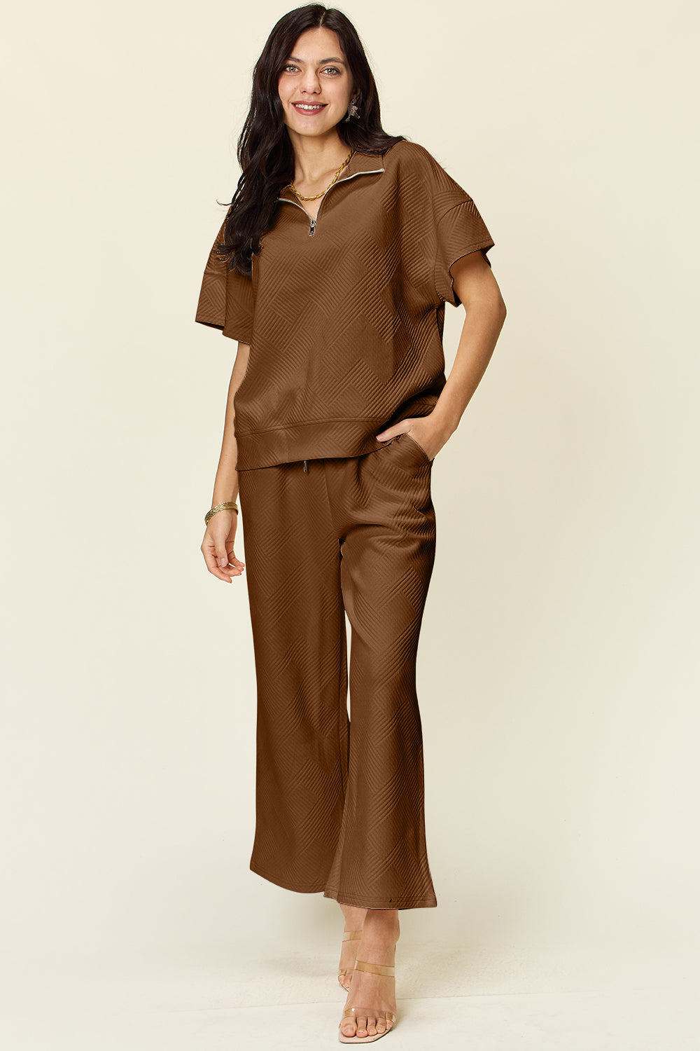 Double Take Full Size Texture Half Zip Short Sleeve Top and Pants Set Trandify Deal