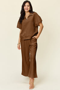 Double Take Full Size Texture Half Zip Short Sleeve Top and Pants Set Trandify Deal