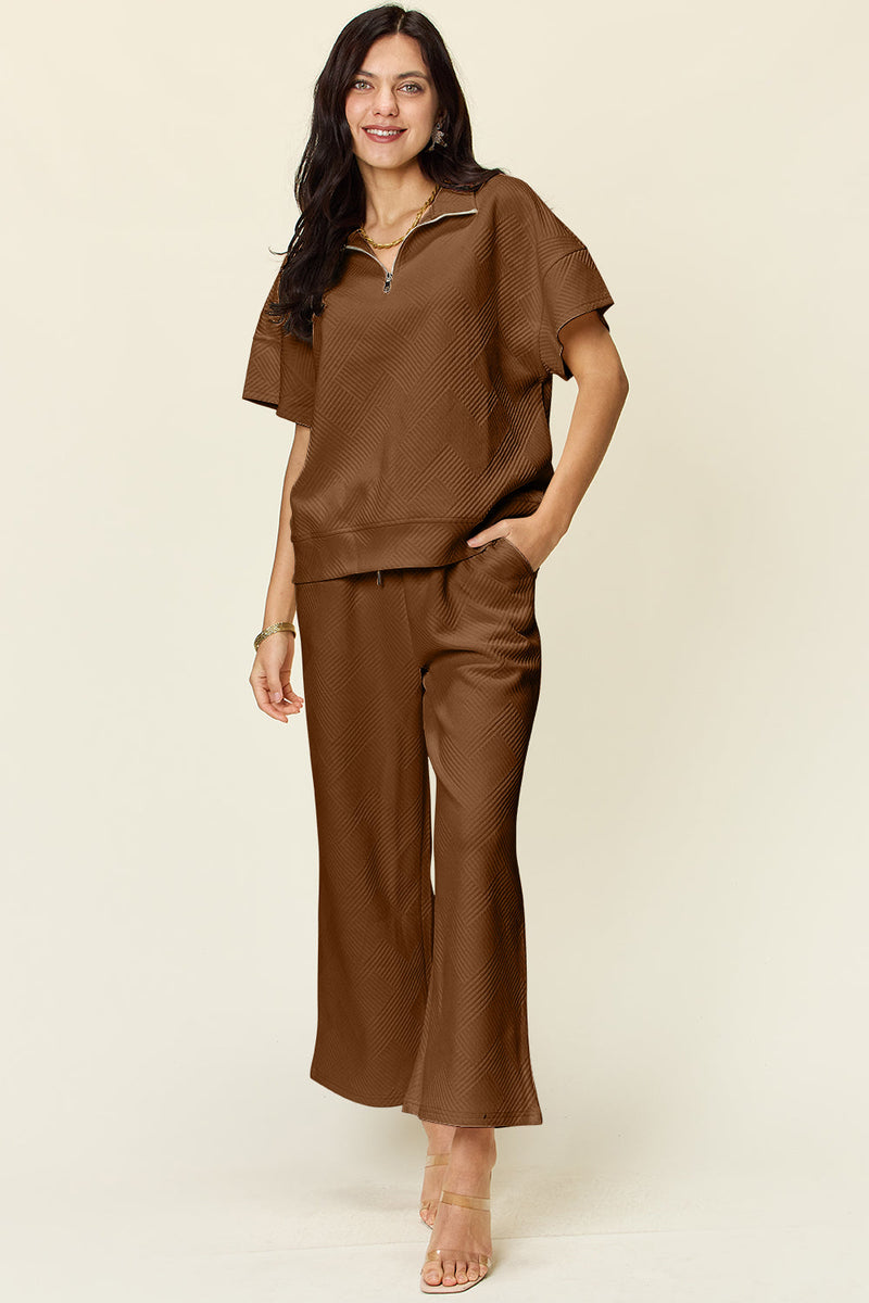 Double Take Full Size Texture Half Zip Short Sleeve Top and Pants Set Trandify Deal