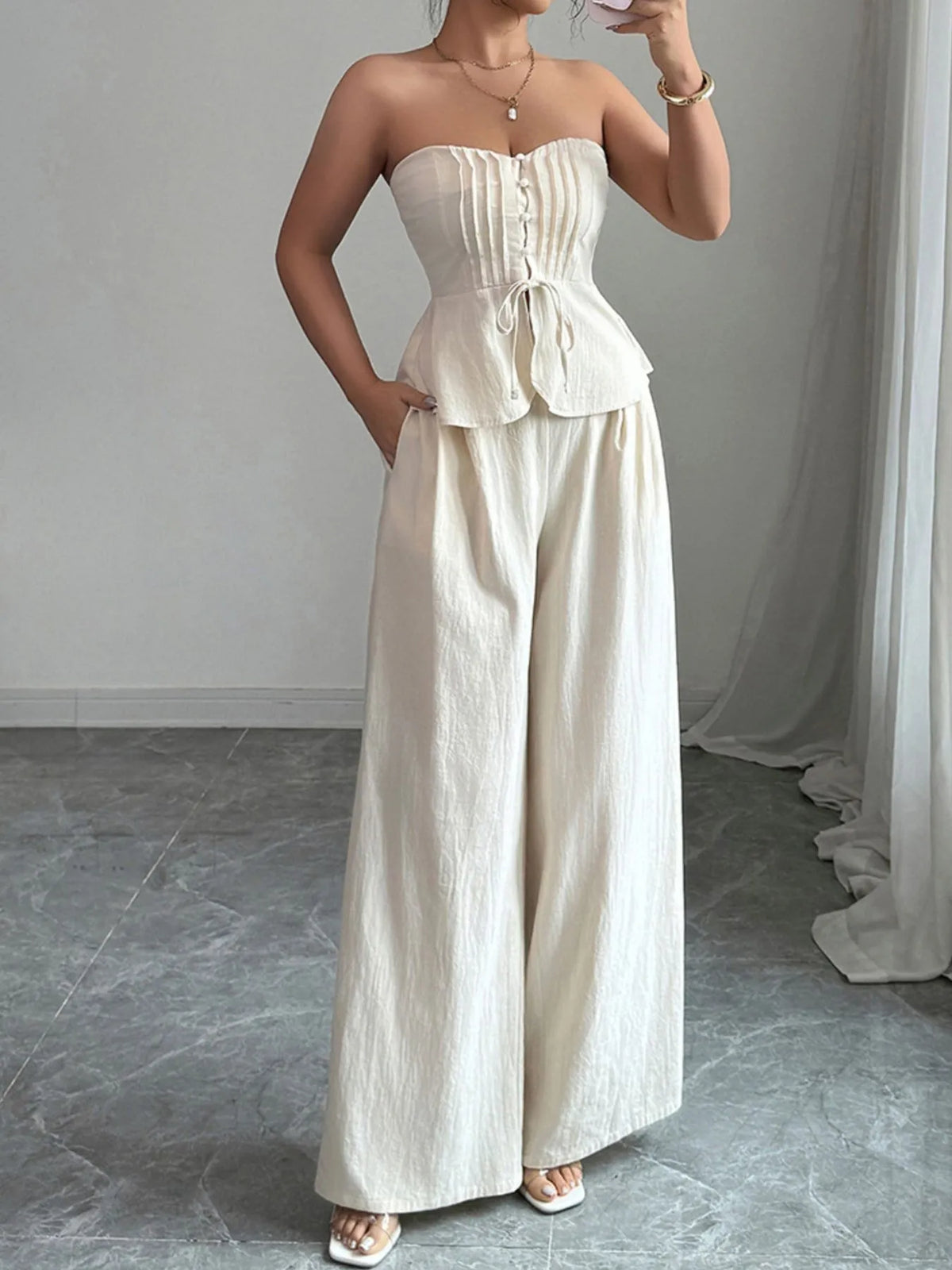 Sexy Summer Two-Piece Set for Women – Sweetheart Neck Crop Top & Lounge Pants