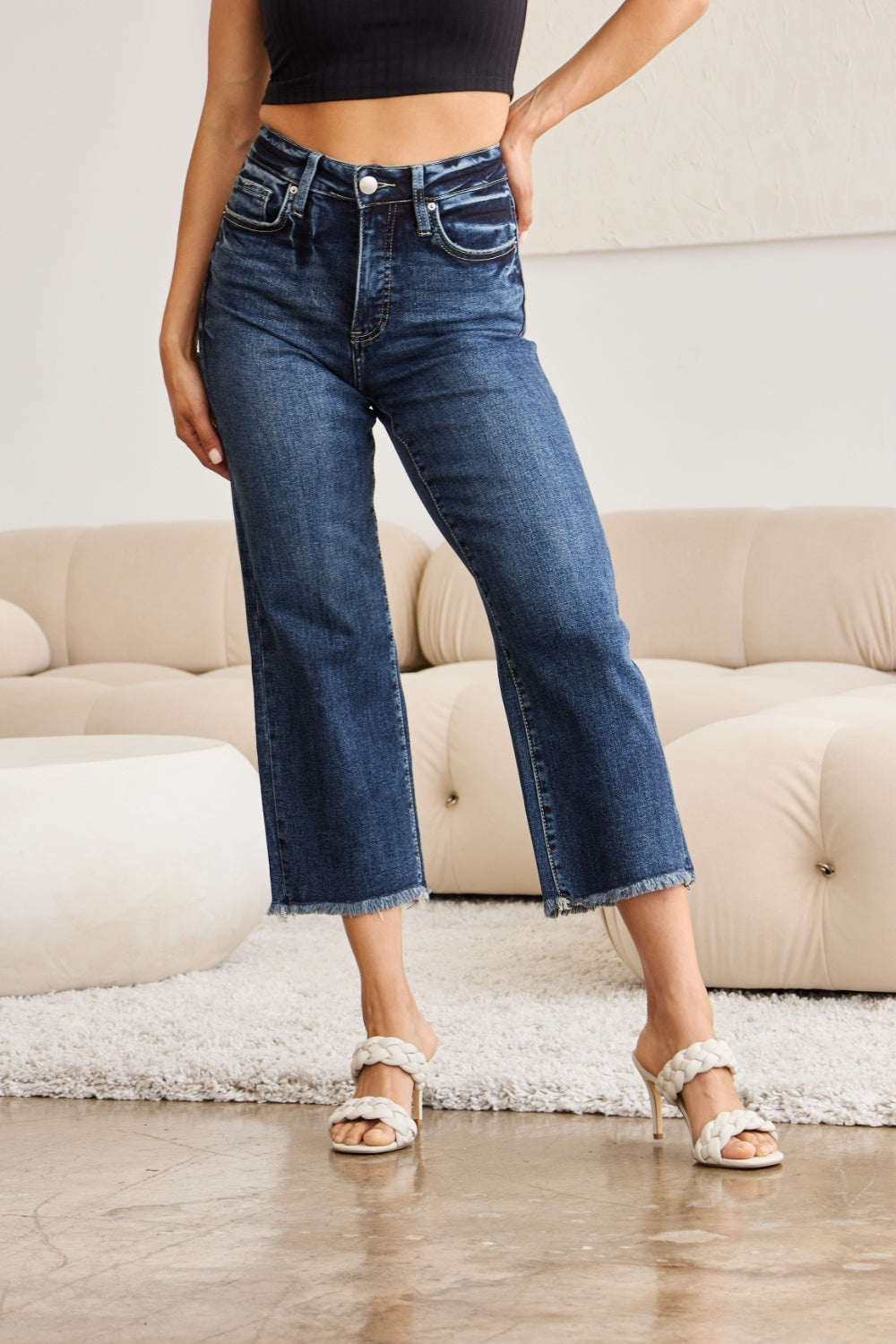 RFM Full Size Tummy Control High Waist Raw Hem Distressed Jeans Trandify deal