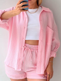 Texture Button Up Shirt and Drawstring Shorts Set Trandify deal