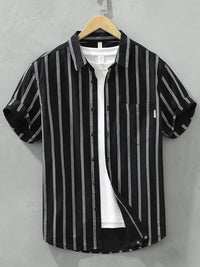 Men's Plus Size Classic Striped Short Sleeve Button-Up Shirt – Casual Slim Fit Summer Top for Big & Tall Men