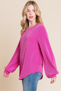 BOMBOM Long Sleeve Curved Hem Ribbed T-Shirt Trandify Deal