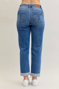 Plus Size Judy Blue Cuffed Jeans in a mid-rise, classic fit shown on a model.
