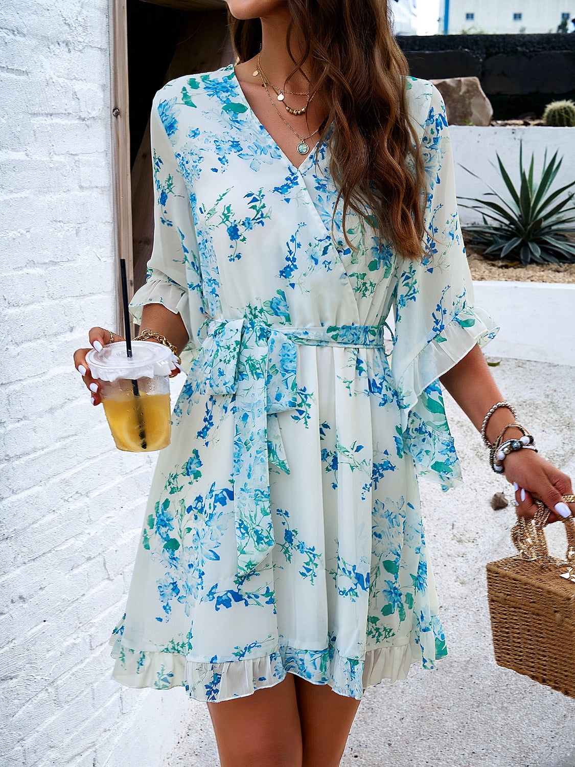 Devine Ruffled Printed Surplice Half Sleeve Mini Dress Trandify Deal