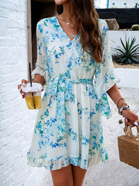 Devine Ruffled Printed Surplice Half Sleeve Mini Dress Trandify Deal