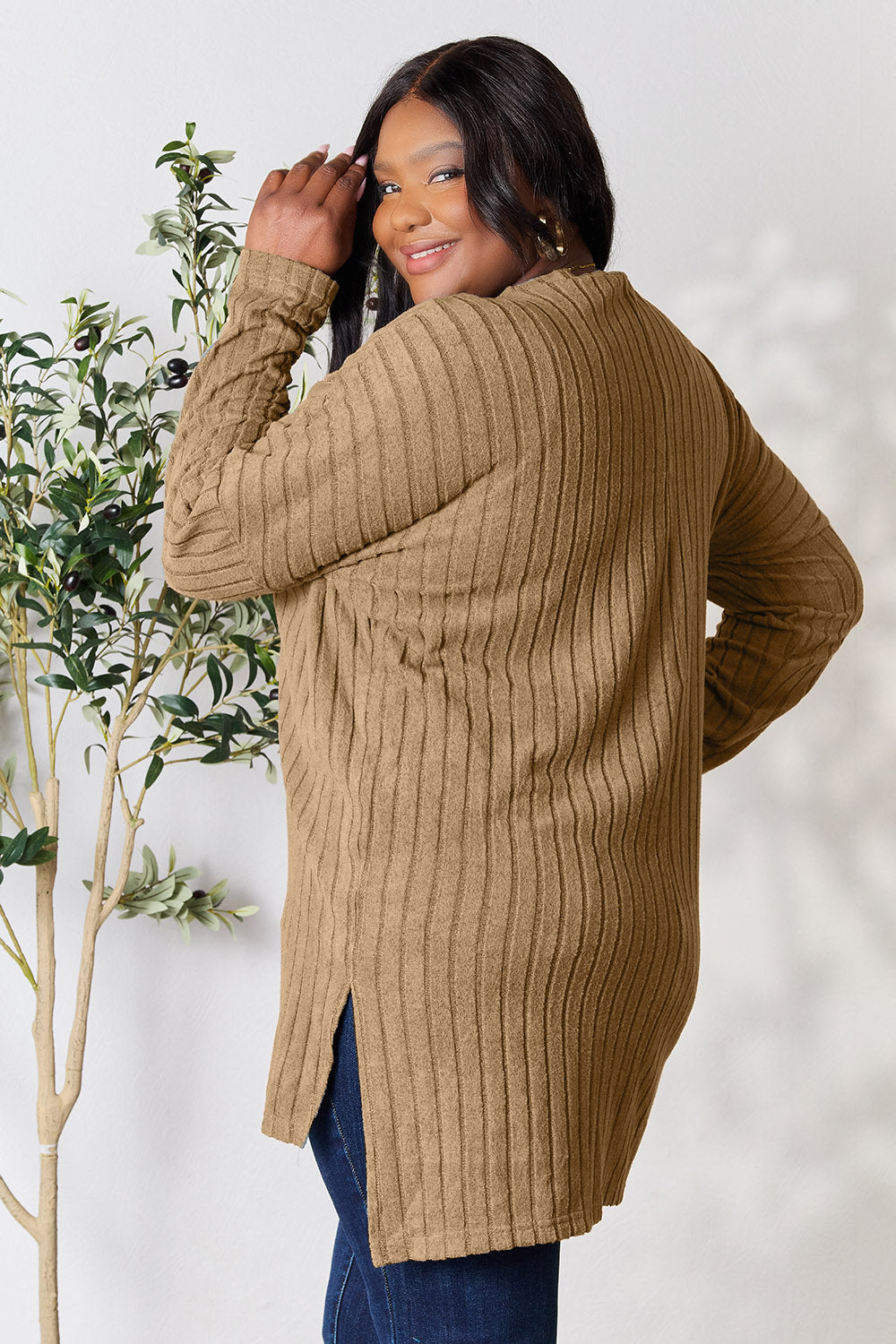 Basic Bae Full Size Ribbed Round Neck Long Sleeve Slit Top Trandify Deal