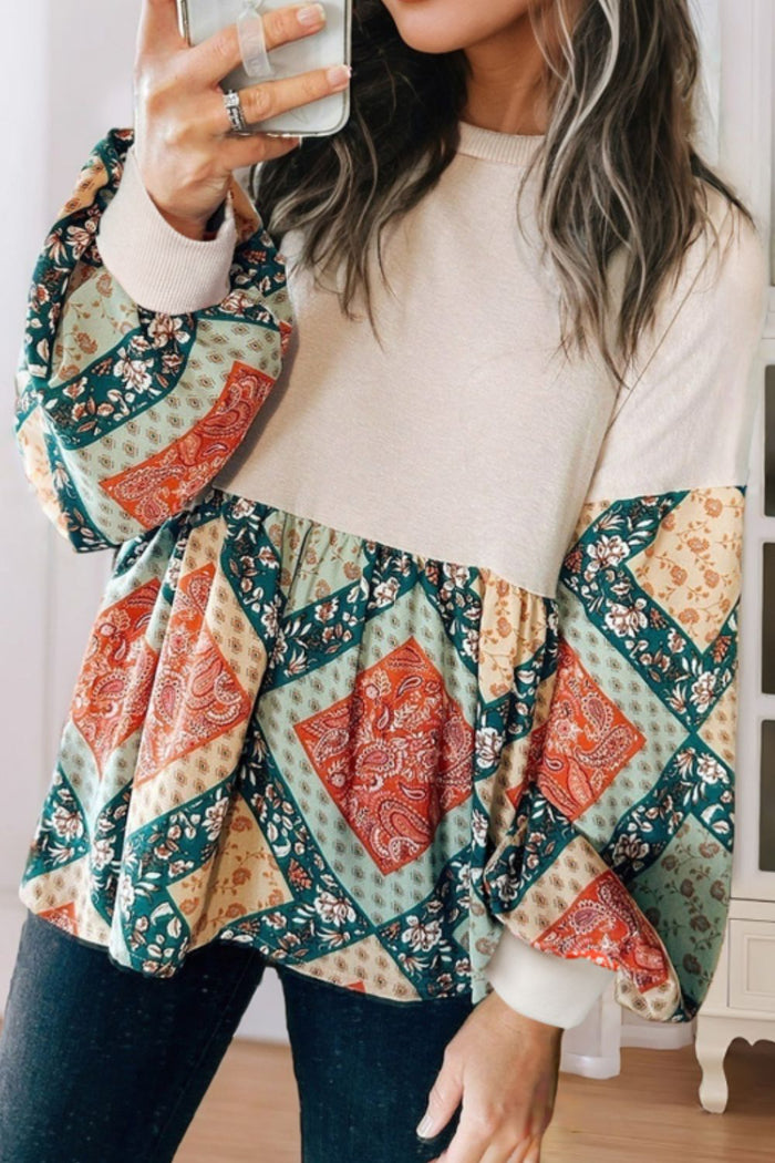 Printed Round Neck Long Sleeve Blouse Trandify Deal