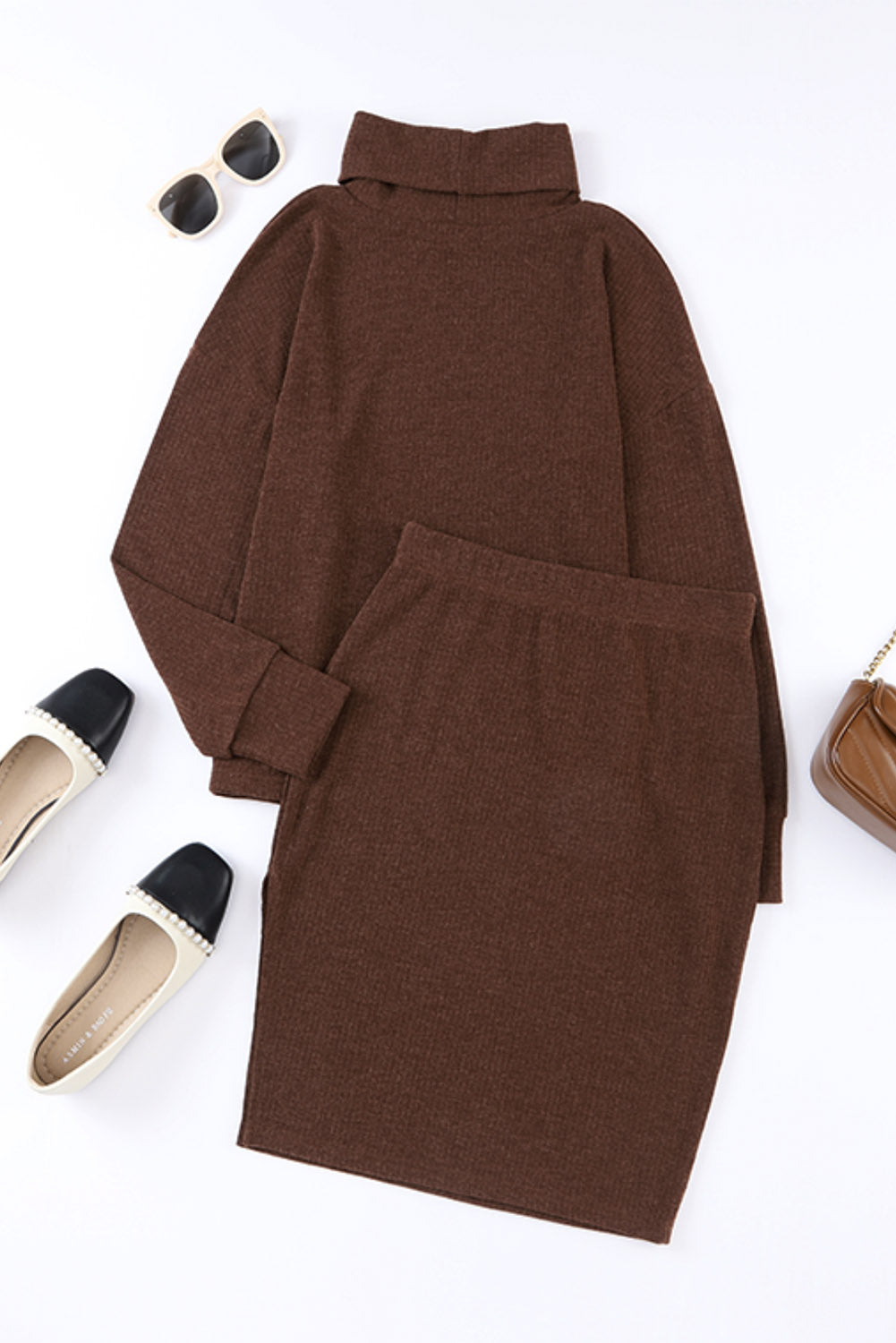 Mock Neck Long Sleeve Top and Slit Skirt Set Trandify deal