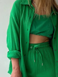 Trendy linen-blend two-piece set for women, stylish matching shirt and shorts