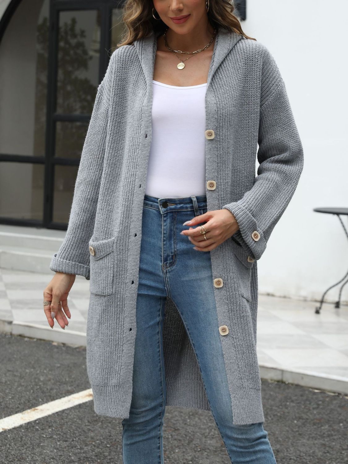 Pocketed Button Up Long Sleeve Hooded Cardigan Trandify Deal