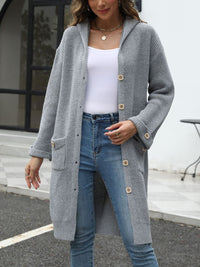 Pocketed Button Up Long Sleeve Hooded Cardigan Trandify Deal
