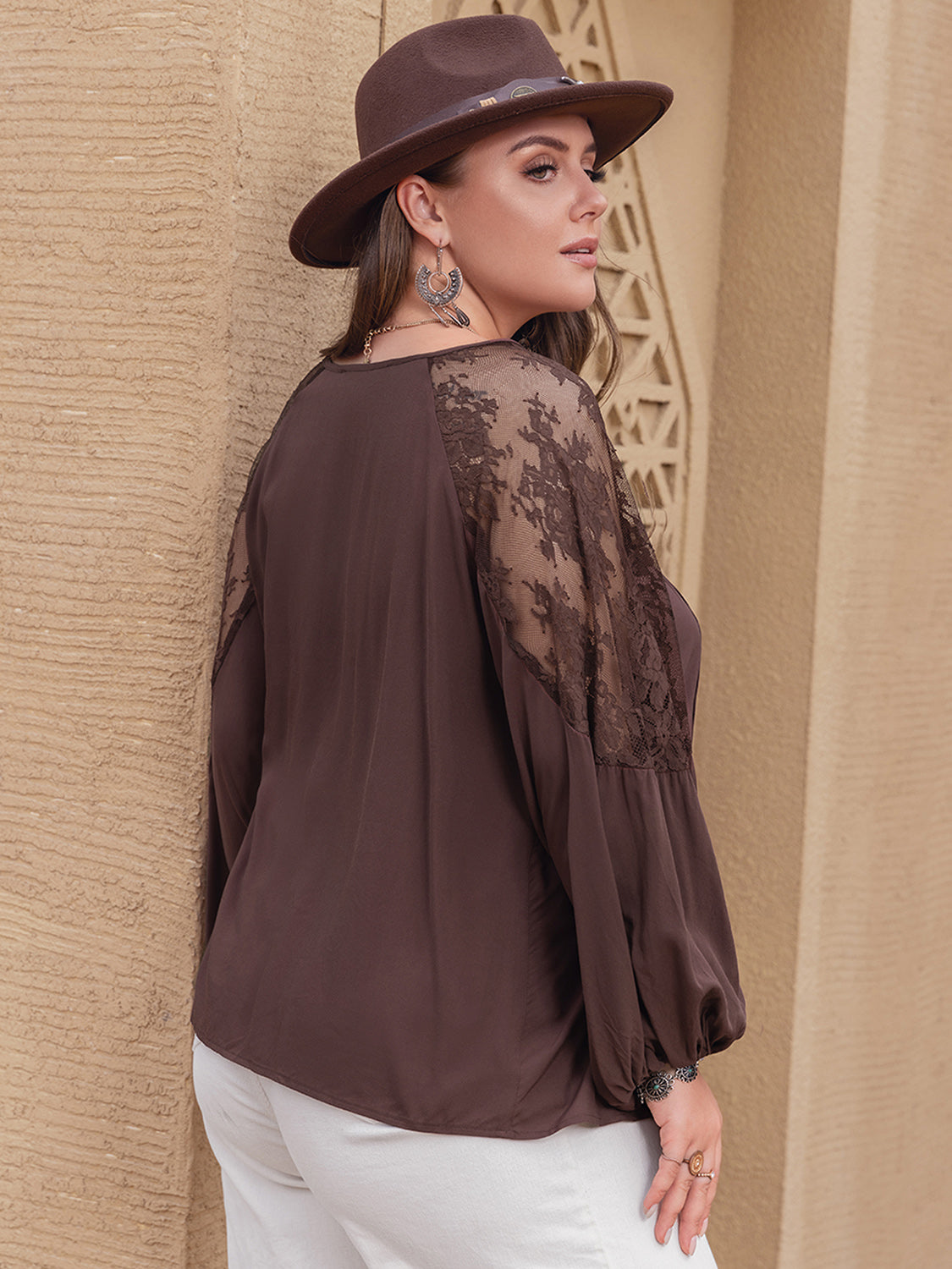 Plus Size Lace Detail Tie Neck Long Sleeve Blouse Trandify deal