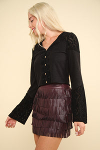 VERY J V-Neck Lace Detail Button Down Crop Ribbed Knit Top Trandify Deal