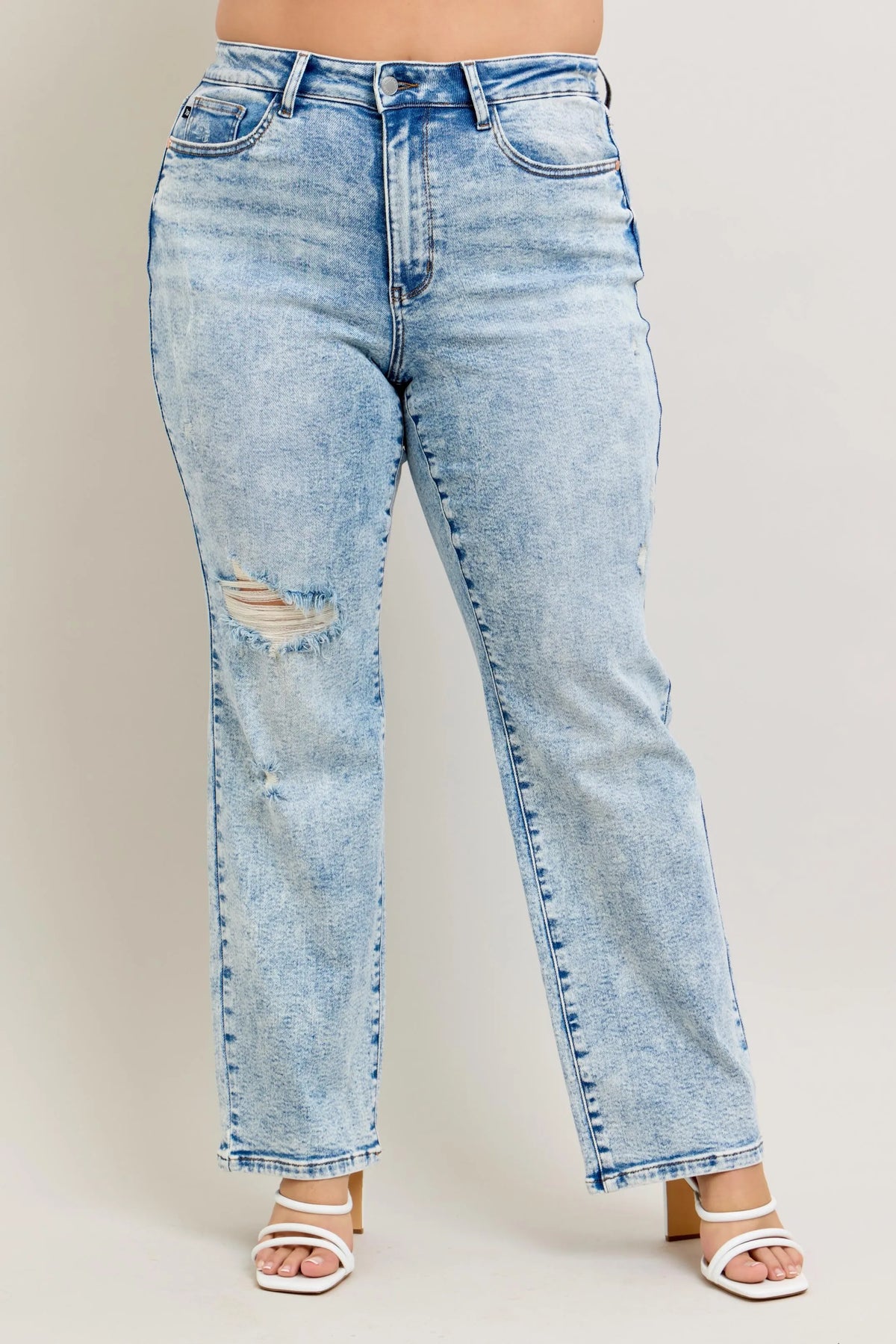 Judy Blue Plus Size 90's Straight Jeans - High Waist Distressed Denim for Women | TrandifyDeal USA
