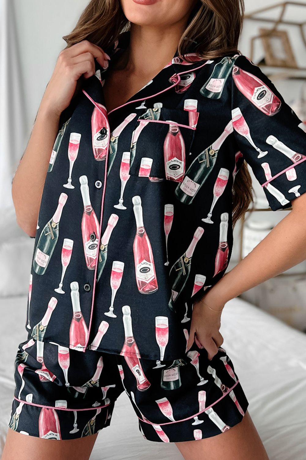 Champagne Print Short Sleeve Top and Shorts Set Trandify Deal