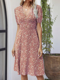 Printed V-Neck Short Sleeve Dress Trandify deal