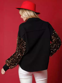 Women's Santa Christmas Sequin Shirt - Front view showing red sequin Santa design on a black long-sleeve top for holiday parties