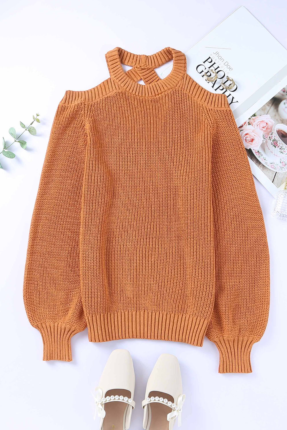Cutout Back Cold Shoulder Long Sleeve Sweater Trandify deal