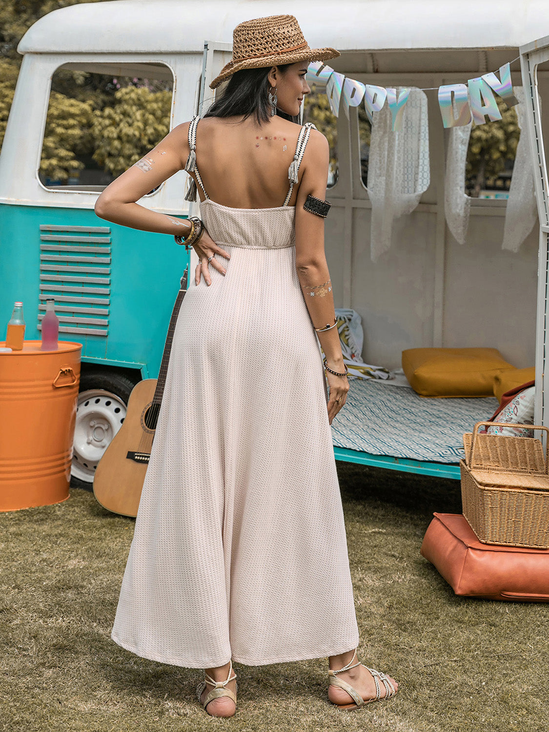 Waffle-Knit Tied Spaghetti Strap Dress Trandify Deal