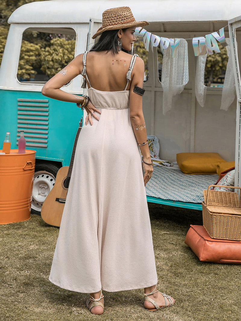 Waffle-Knit Tied Spaghetti Strap Dress Trandify Deal