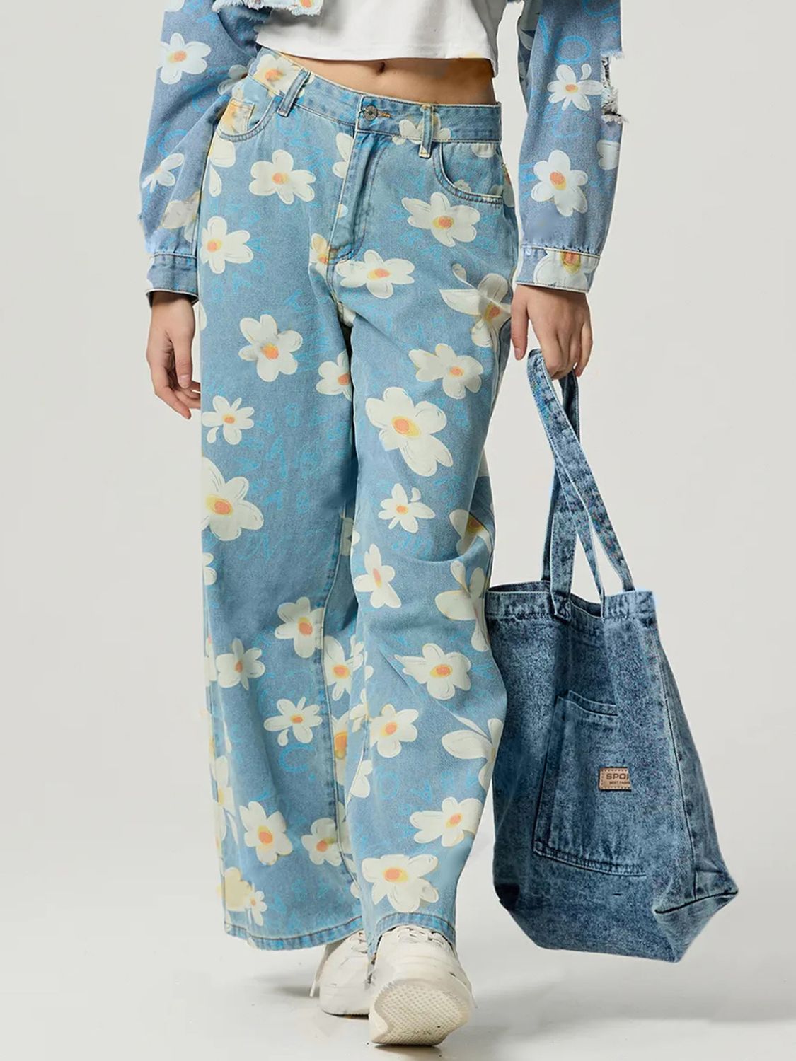 Pocketed Floral Wide Leg Jeans Trandify Deal