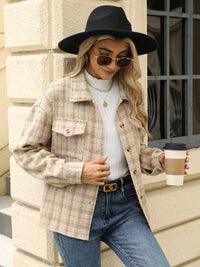 Plaid Collared Neck Long Sleeve Jacket Trandify Deal
