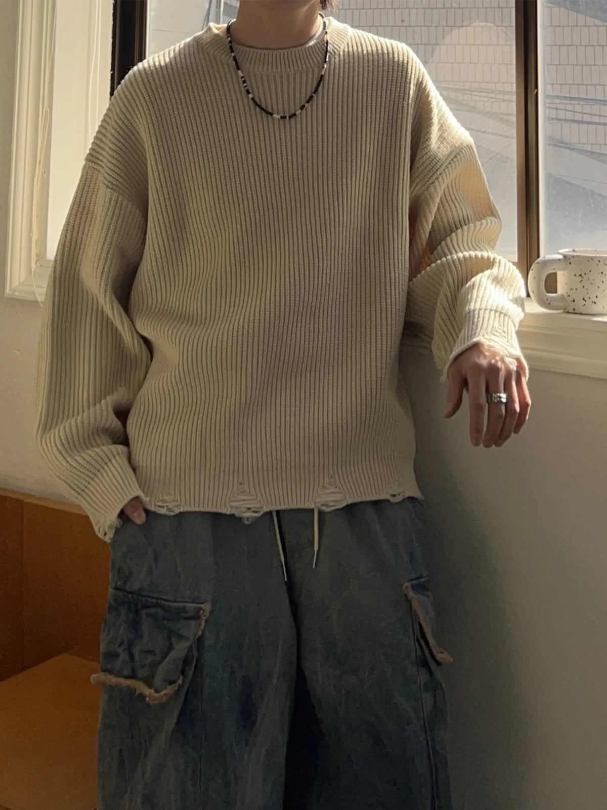 Men's Oversized Sweater - Distressed Raw Hem Drop Shoulder