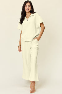 Double Take Full Size Texture Half Zip Short Sleeve Top and Pants Set - Trandify Deal
