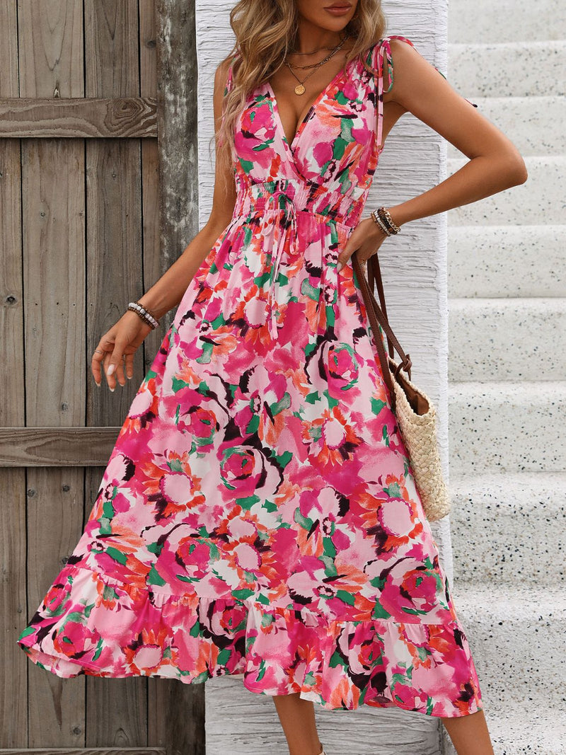 Perfee Ruffled Smocked Printed Sleeveless Dress Trandify deal