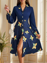 Printed Collared Neck Long Sleeve Dress Trandify Deal