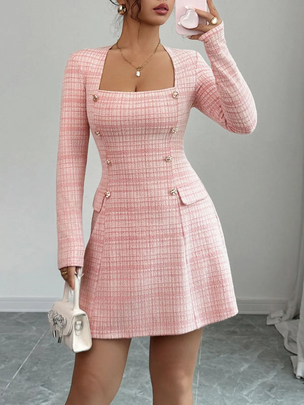 Women’s Stretchy Square Neck Dress – Office & Party Wear – Trendy Long Sleeve Midi Dress