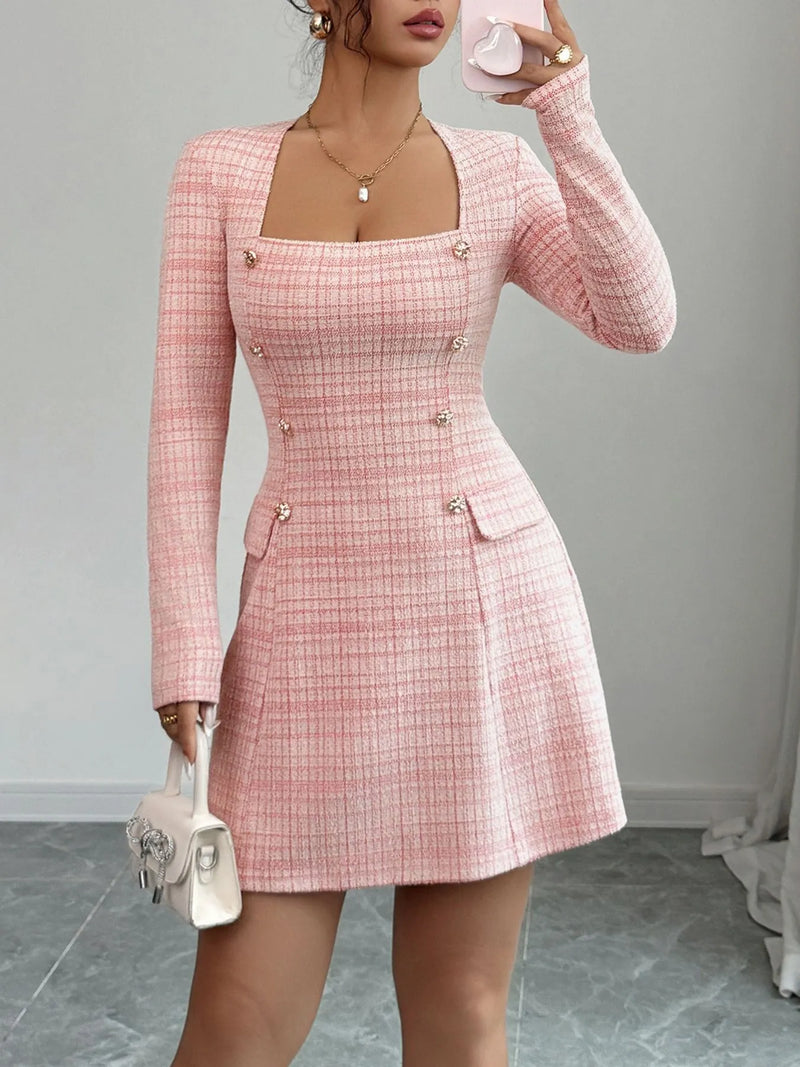 Women’s Stretchy Square Neck Dress – Office & Party Wear – Trendy Long Sleeve Midi Dress
