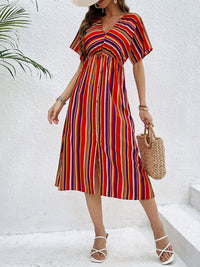 Perfee Slit Striped V-Neck Short Sleeve Midi Dress Trandify deal